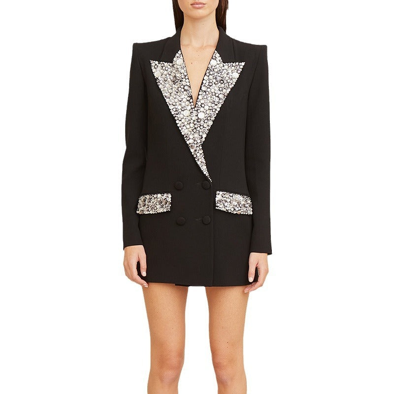 Veste de costume mi-longue à la mode, nouvelle et magnifique, faite à la main, avec des perles à ongles incrustées de diamants, coupe ajustée