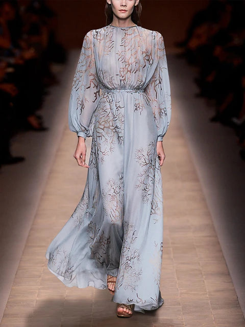 Robe d'été élégante pour femme, tenue de soirée élégante, taille haute, manches lanternes, bleu, imprimé