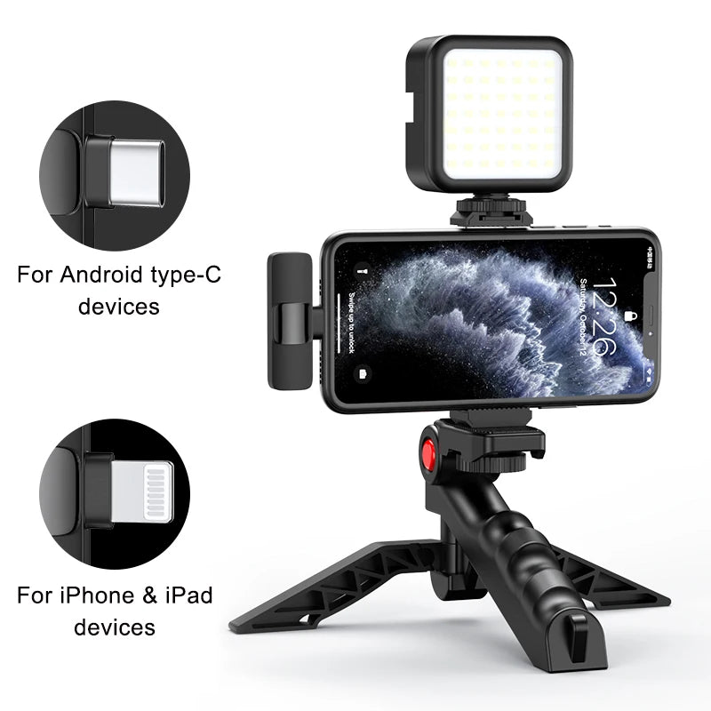 Kit de vlogging sans fil MAMEN, trépied pour téléphone avec microphone cravate, lumière LED pour iPhone, Android, smartphone, boîte à outils de diffusion en direct