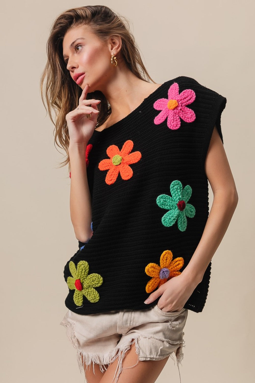 Haut en tricot à manches courtes et col rond BiBi Flower