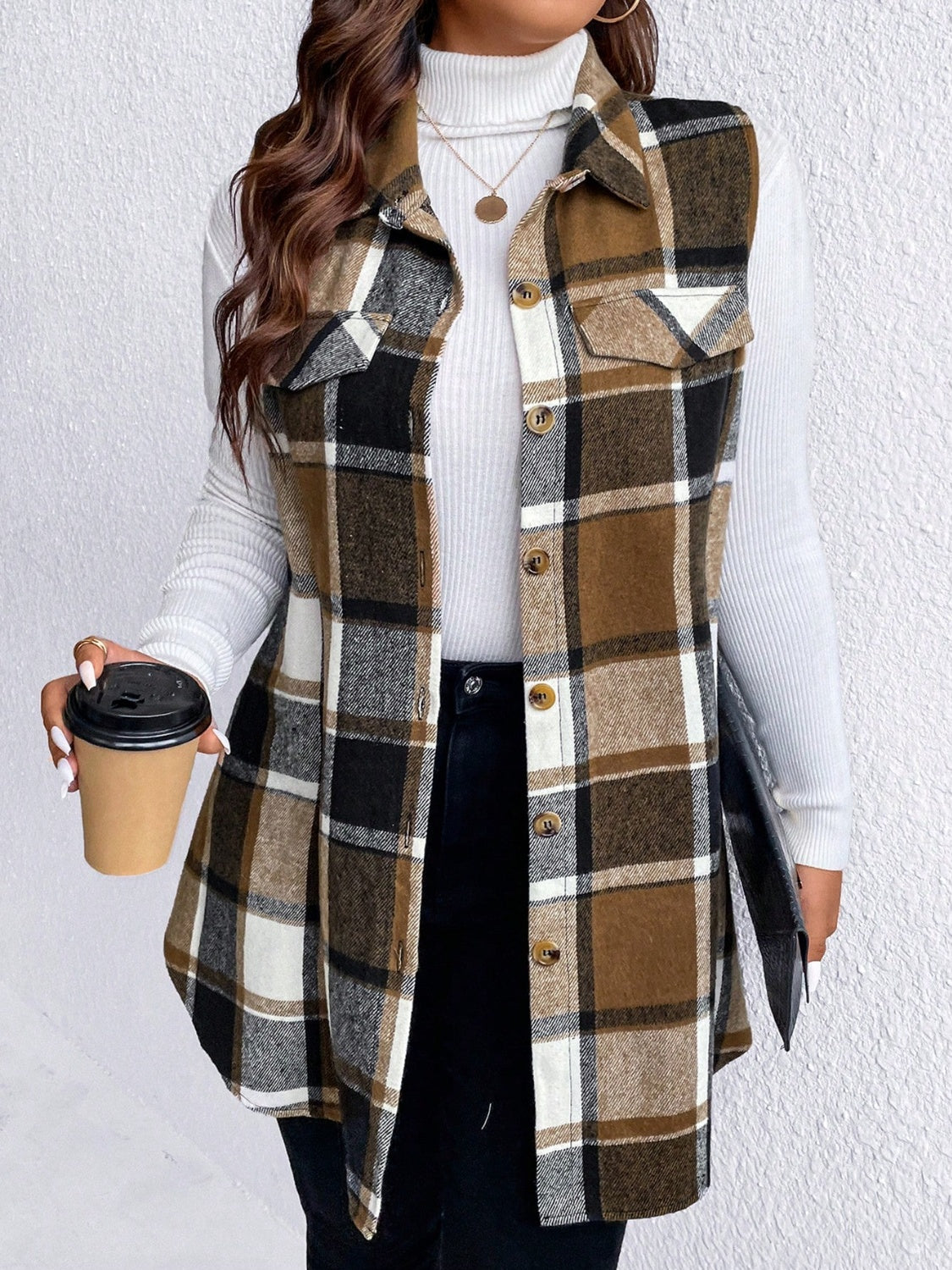 Manteau sans manches boutonné à carreaux et poches Honey grande taille