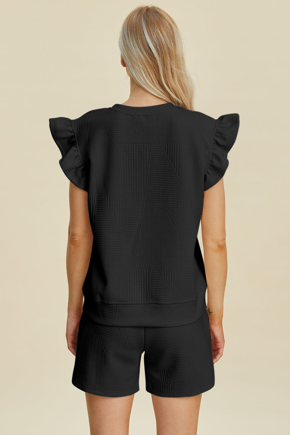 Ensemble haut et short texturés à col rond et manches à volants Double Take