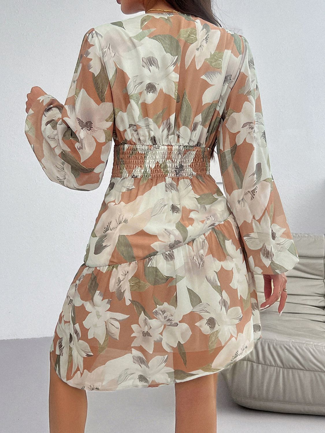 Robe à manches longues imprimée à smocks