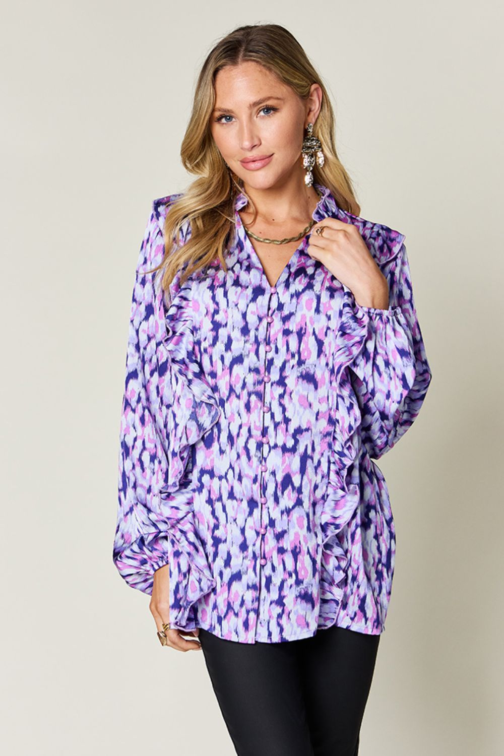Chemise à manches ballon à volants et imprimé Double Take, taille standard