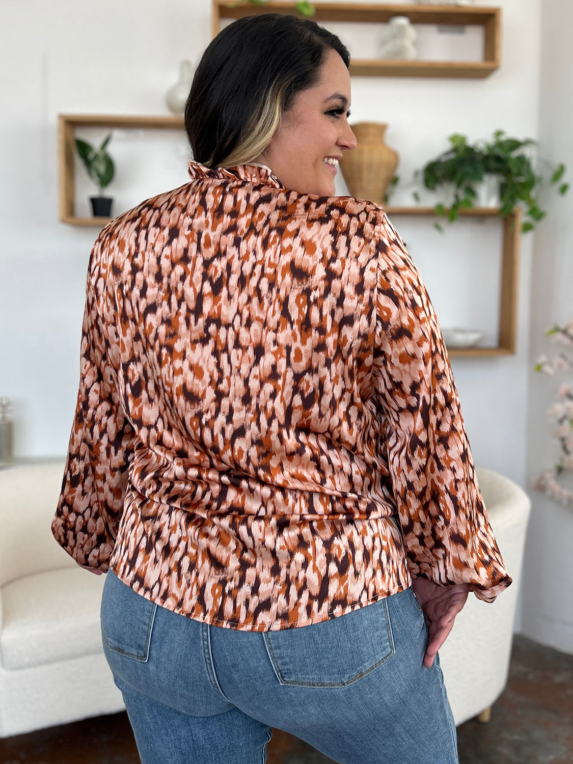 Chemise à manches ballon à volants et imprimé Double Take, taille standard