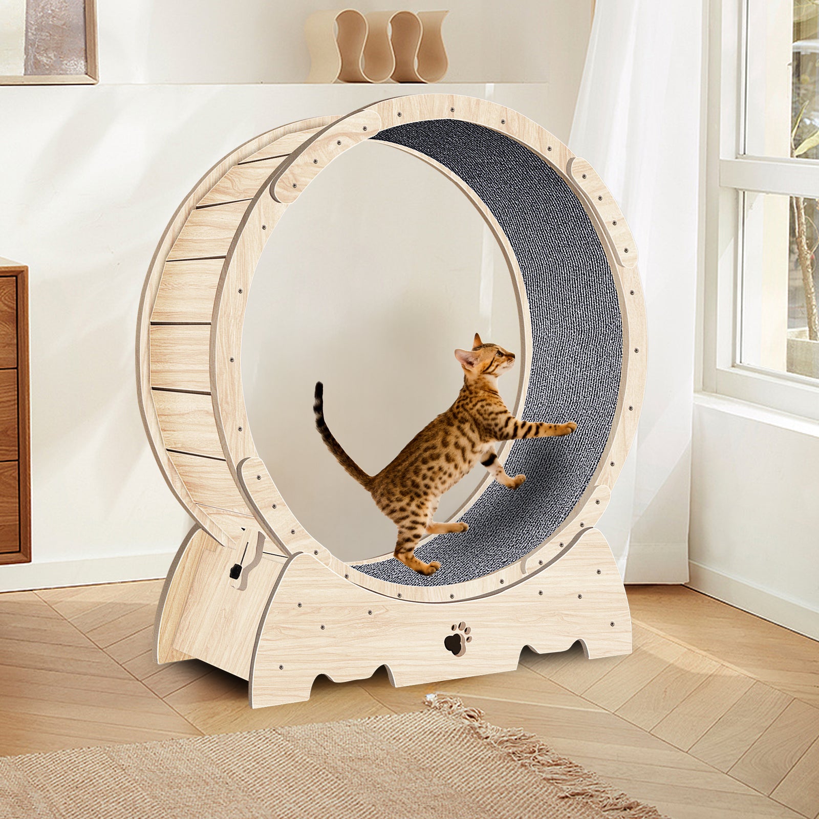 Roue d'exercice pour chats d'intérieur, roue de course pour chats avec tapis, 94 cm, couleur bois naturel