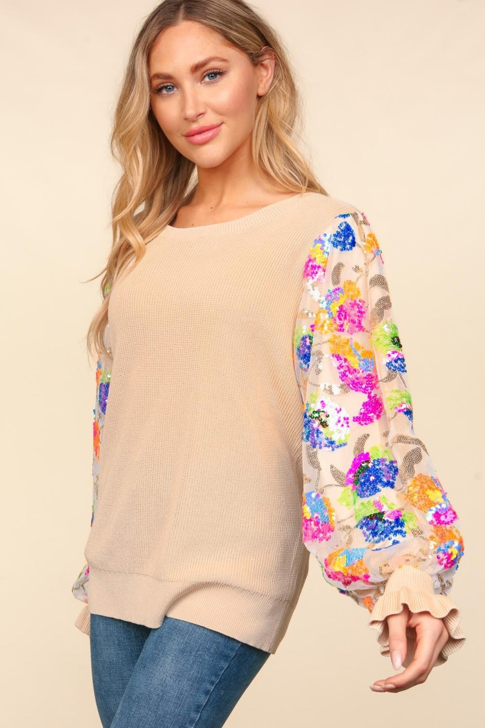 Pull à manches volantées en maille à paillettes florales Haptics