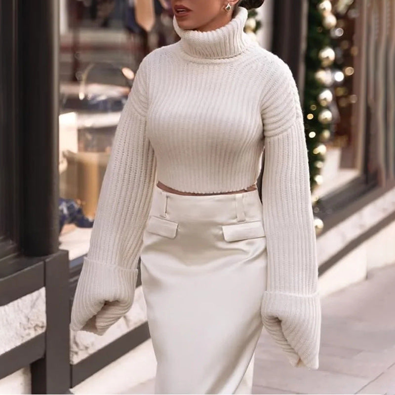 Haut tricoté à manches longues et col haut pour femme, nouvelle mode d'automne, polyvalent, coupe ajustée, haut de gamme, couleur unie