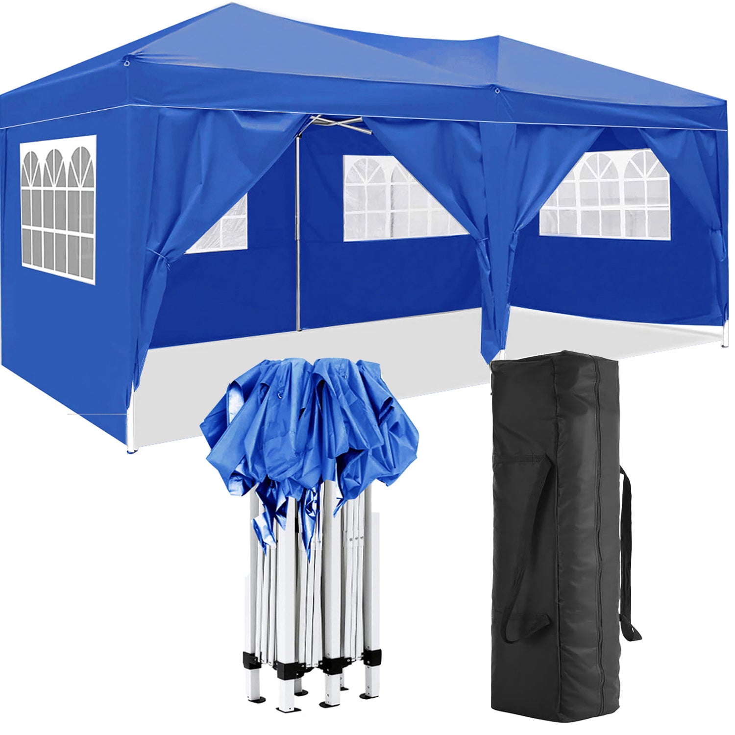Auvent pliable de 10'x20' avec 6 parois latérales amovibles, abris d'activités de plein air, tente portable de terrasse UPF 50+ (bleu)