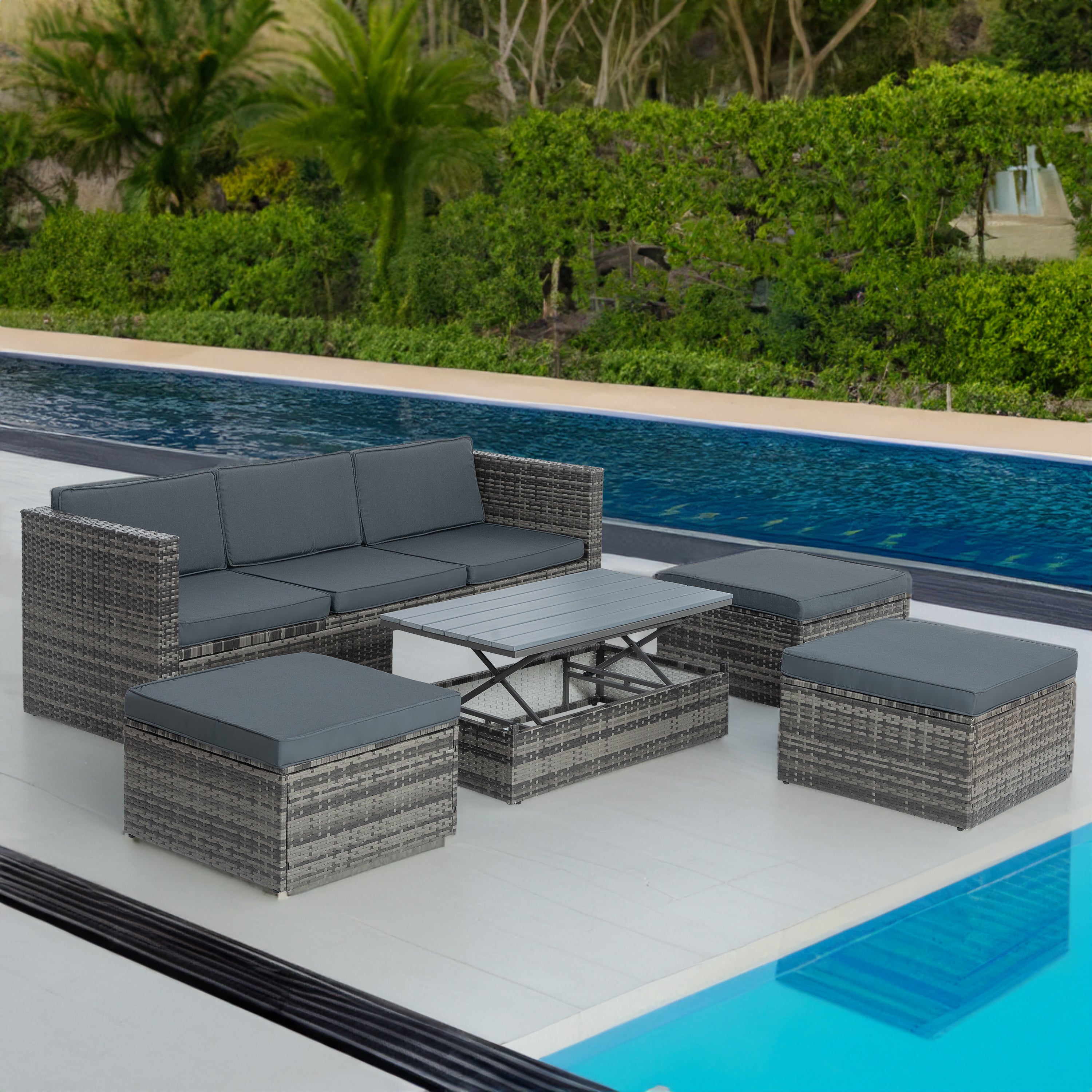 Mobilier de jardin, mobilier d'extérieur, mobilier saisonnier en osier PE, ensemble de 5 meubles en osier avec table basse en contreplaqué