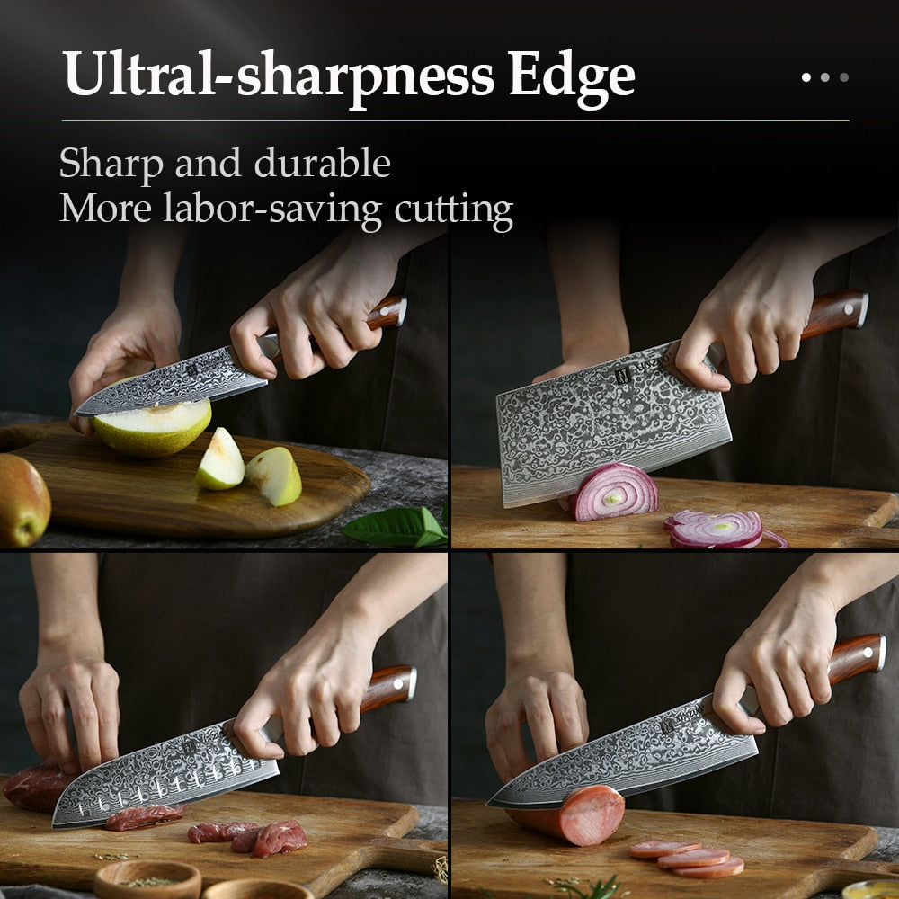 XINZUO 1/4PC Ensemble de couteaux de cuisine vg10 Core Damas Steel Chef Santoku Utility Cleaver Knives Stainless Steel Trancher la viande Couverts