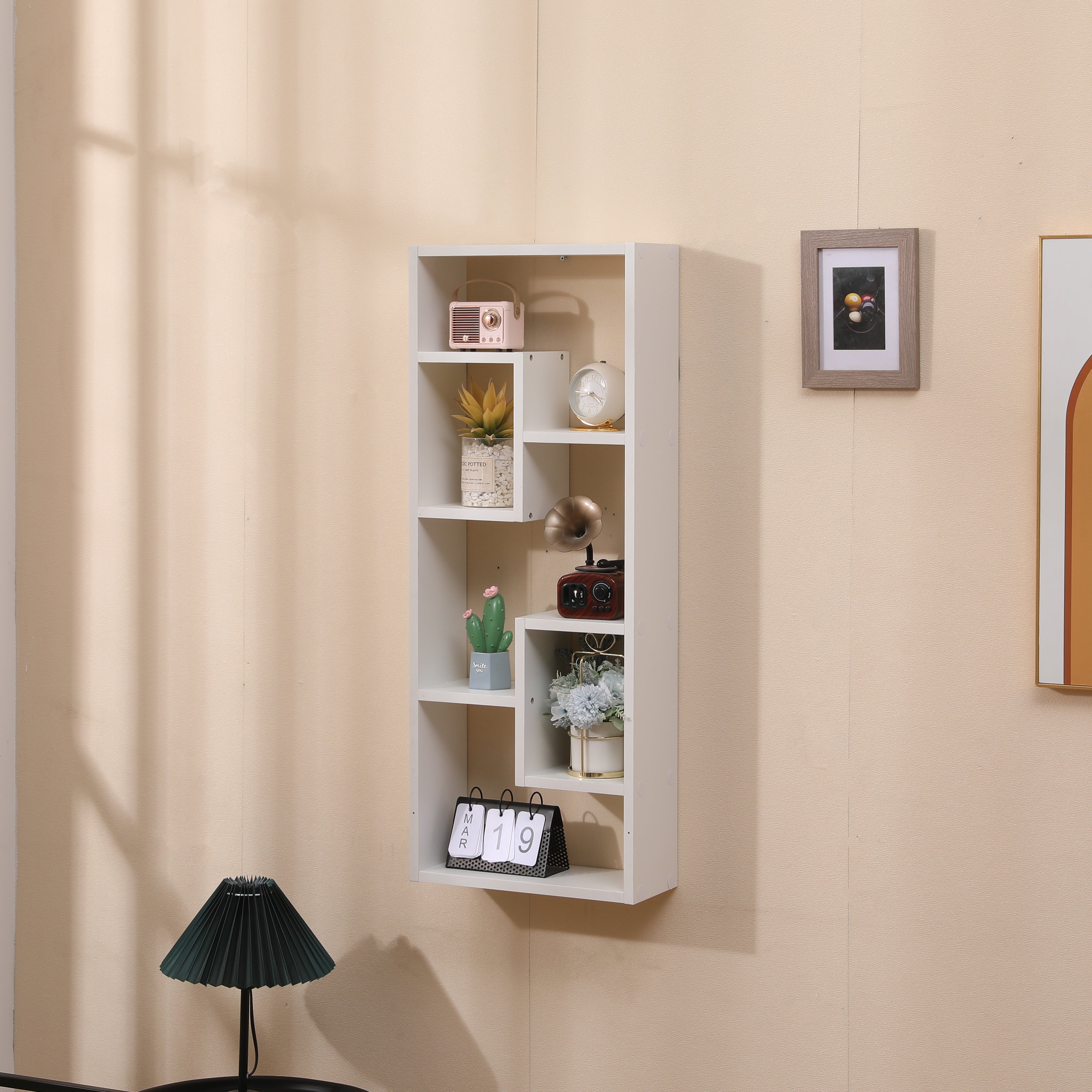 Bibliothèque, bibliothèque ouverte en bois autoportante avec 5 cubes, avec 2 crochets en trou de serrure, rangement rectangulaire décoratif pour bureau à domicile