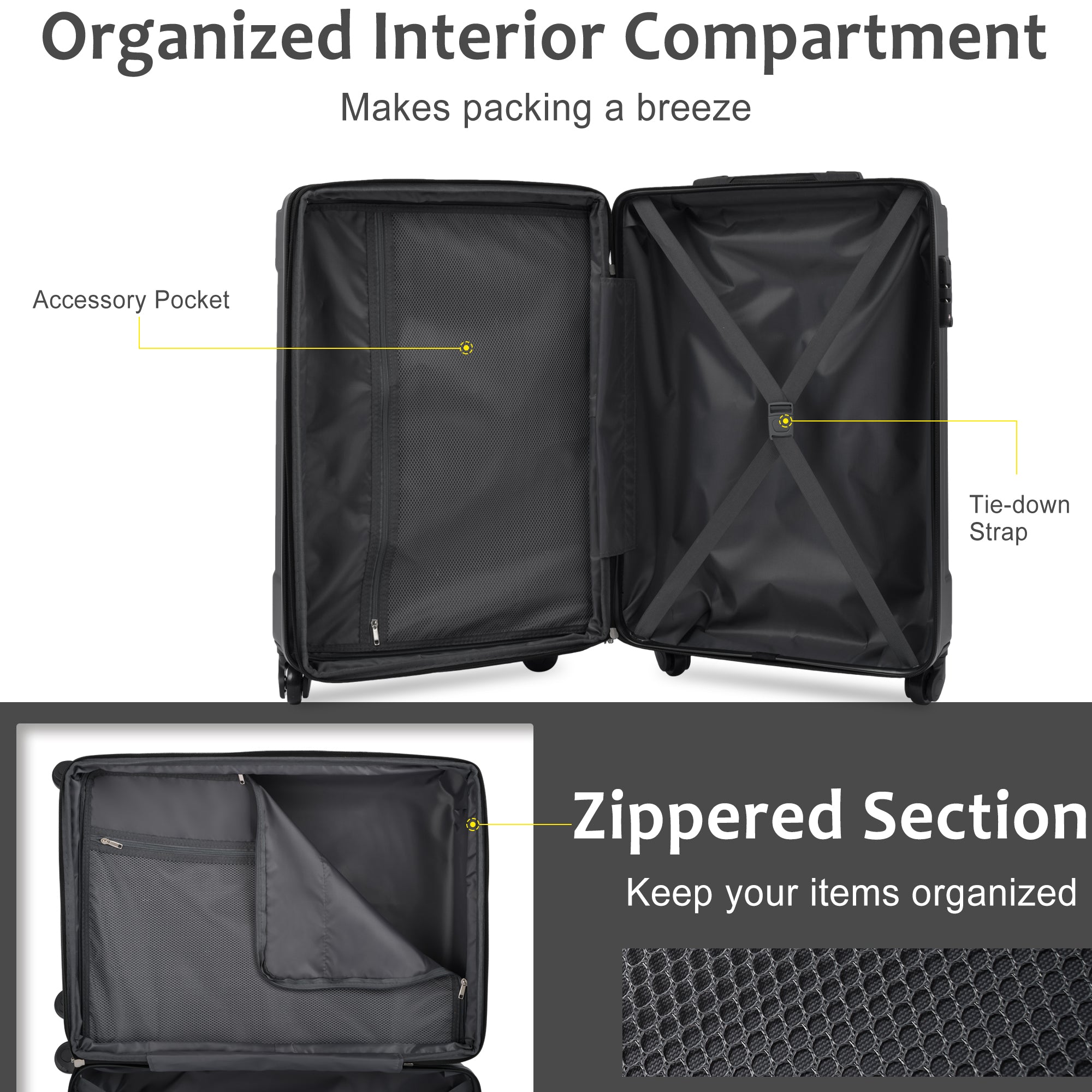 Ensemble de 3 valises rigides à roulettes avec serrure TSA, légères, 50,8 cm, 61 cm, 71 cm, noires et ABS