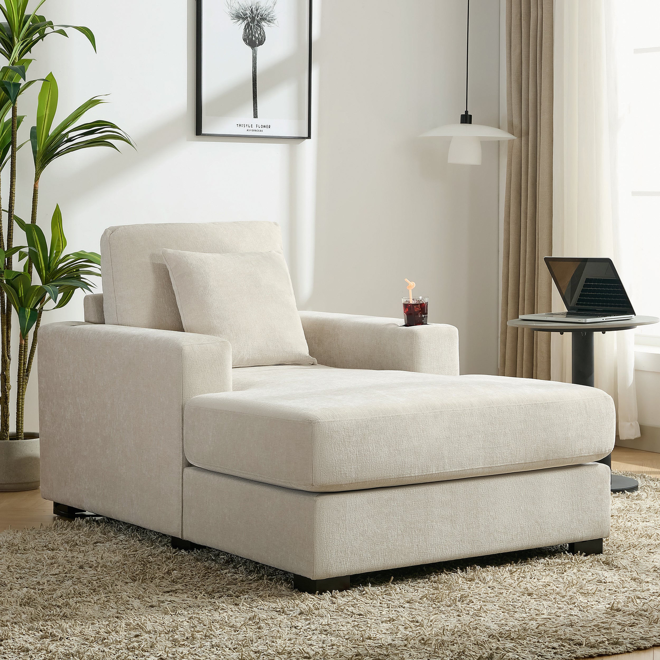 Canapé-lit surdimensionné de 100 cm, style moderne, avec coussins, station de charge et porte-gobelets, tissu chenille, couleur crème