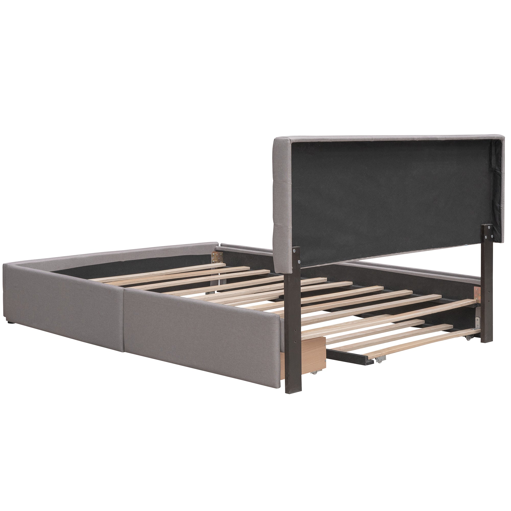 Lit plateforme rembourré avec 2 tiroirs et 1 lit gigogne simple XL en tissu lin, taille Queen - Gris clair
