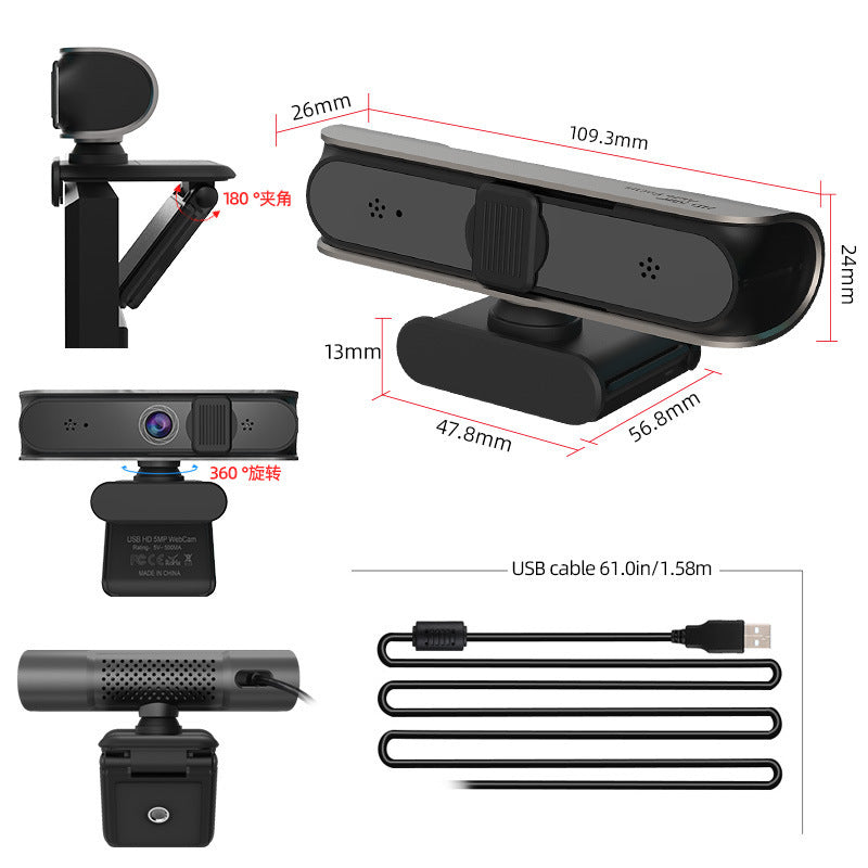 Caméra d'ordinateur avec autofocus 5 millions AF et prise en charge de la vidéoconférence 1080P et des cours en ligne