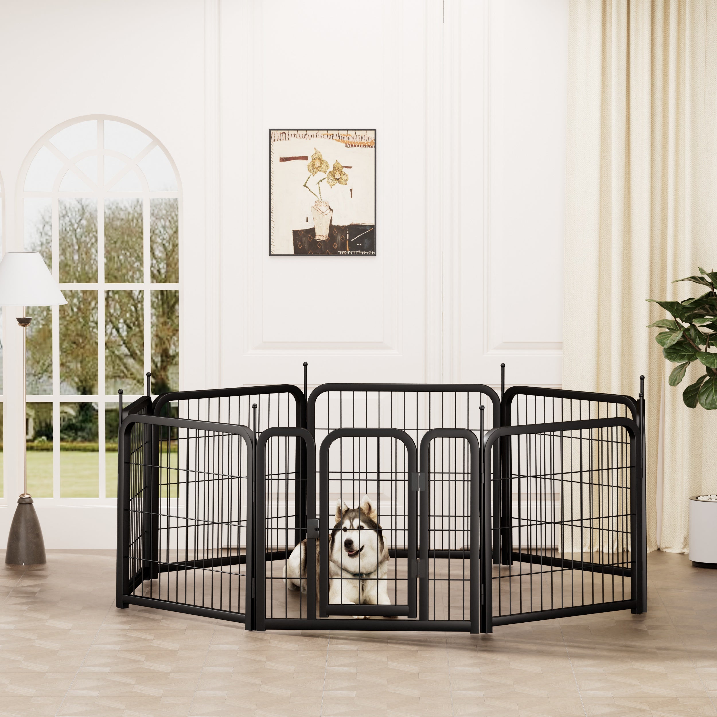 Clôture d'extérieur pour chien, 8 panneaux. Clôture portable pour animaux de compagnie de 79 cm de long. Noire, 67 cm de large x 80 cm de haut.