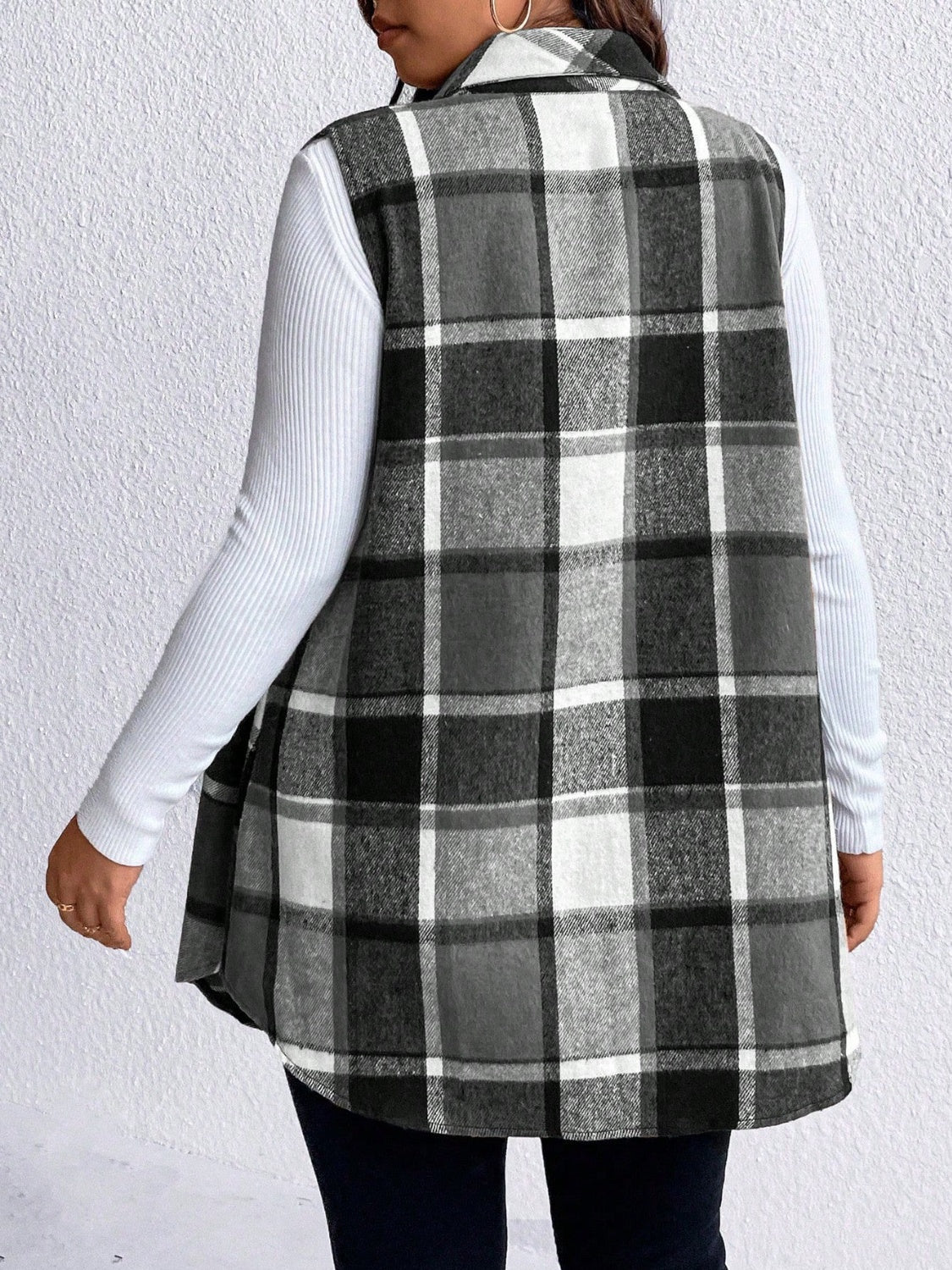 Manteau sans manches boutonné à carreaux et poches Honey grande taille
