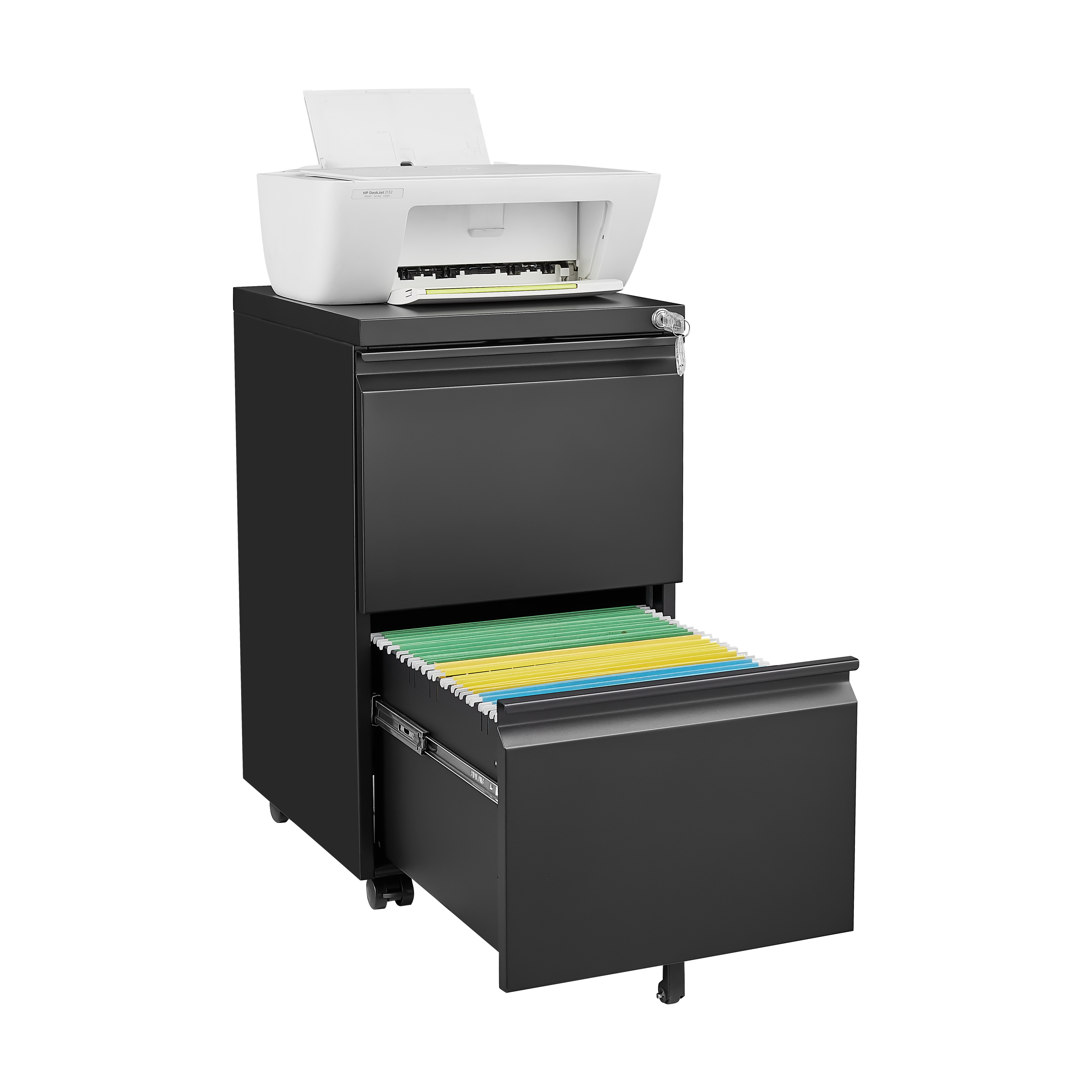 Metal 2 drawer mobile file cabinet with lock, 25.6-inch high legal/letter size file storage cabinet black