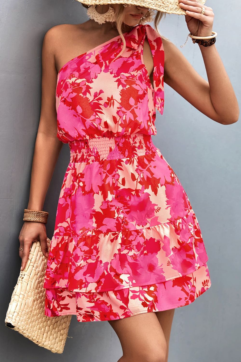 Robe imprimée à smocks et à épaule unique