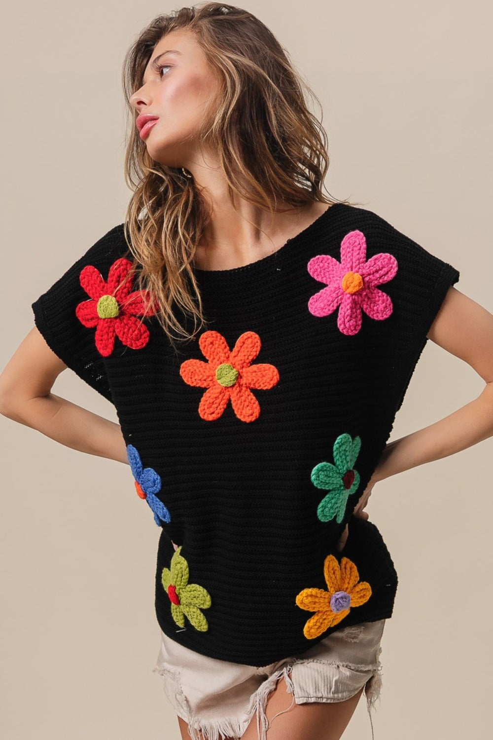 Haut en tricot à manches courtes et col rond BiBi Flower