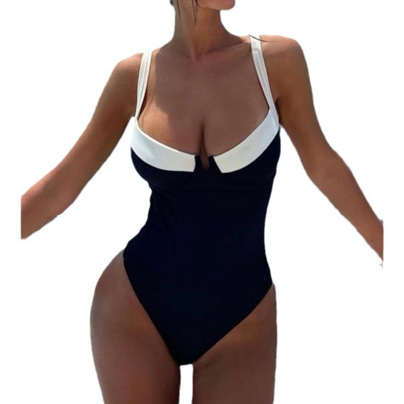 Maillot de bain une pièce sexy à col en U et coutures noires et blanches pour femme