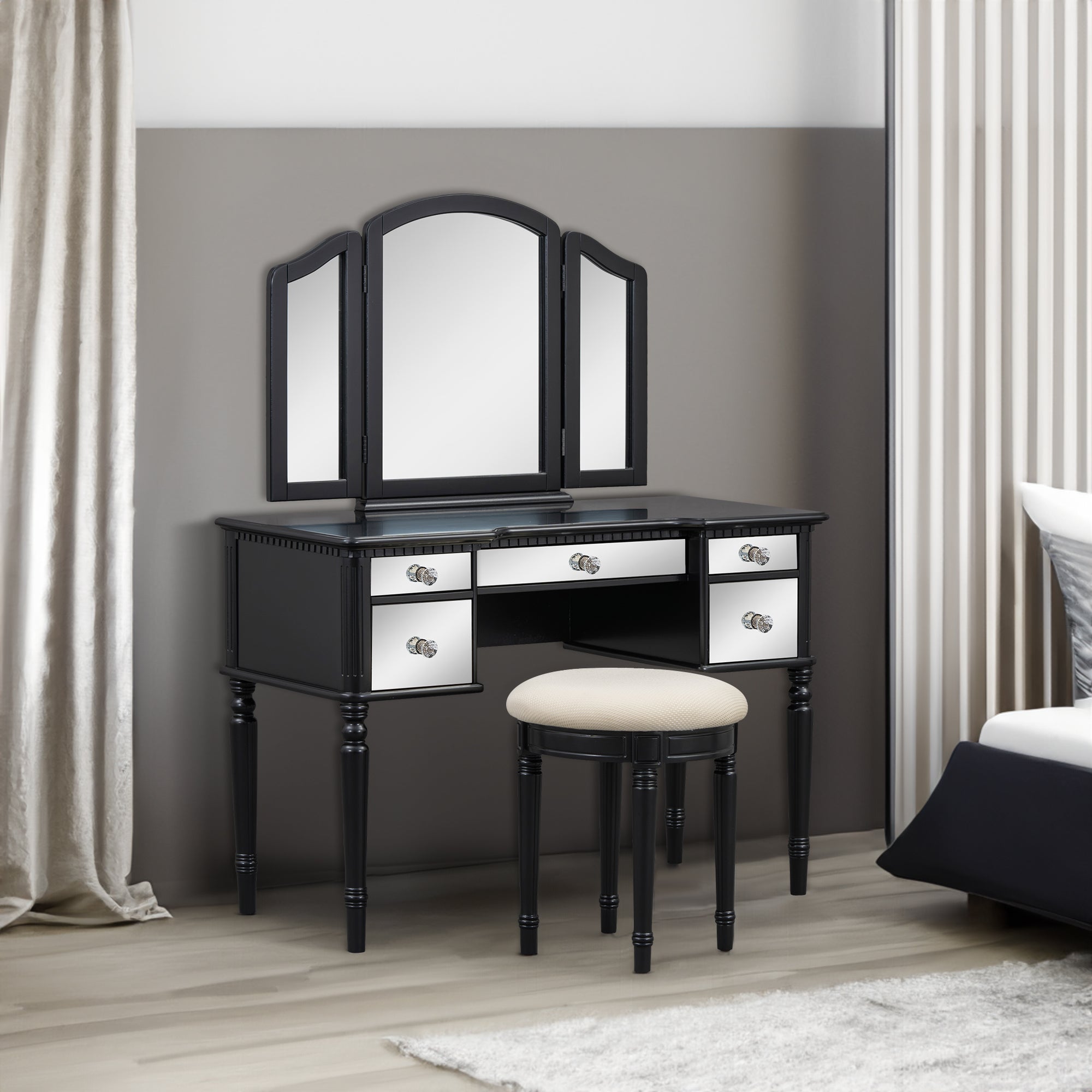 Coiffeuse GO 43" avec tiroirs miroir et tabouret, miroir à trois volets, meuble de maquillage pour chambre, noir