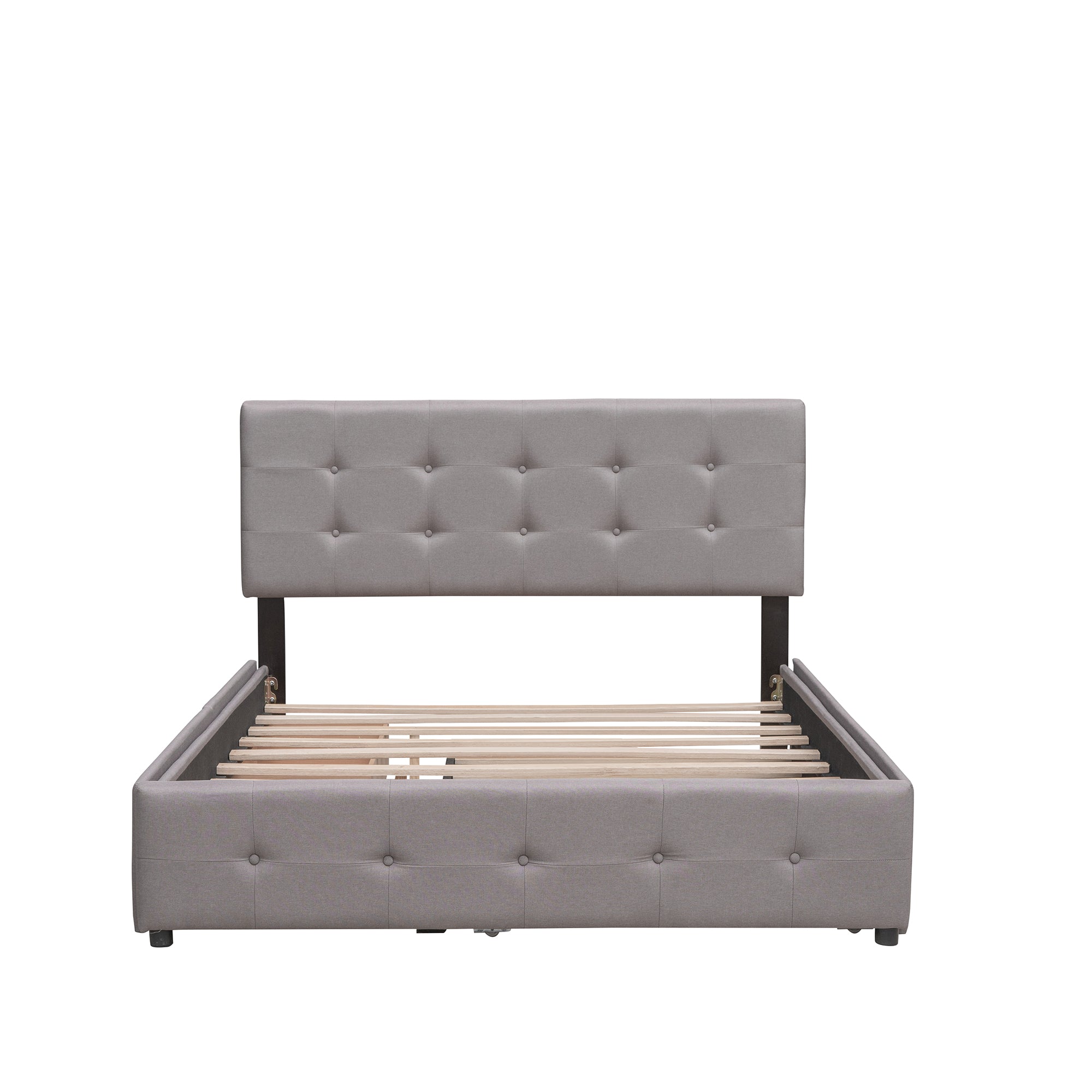 Lit plateforme rembourré avec 2 tiroirs et 1 lit gigogne simple XL en tissu lin, taille Queen - Gris clair