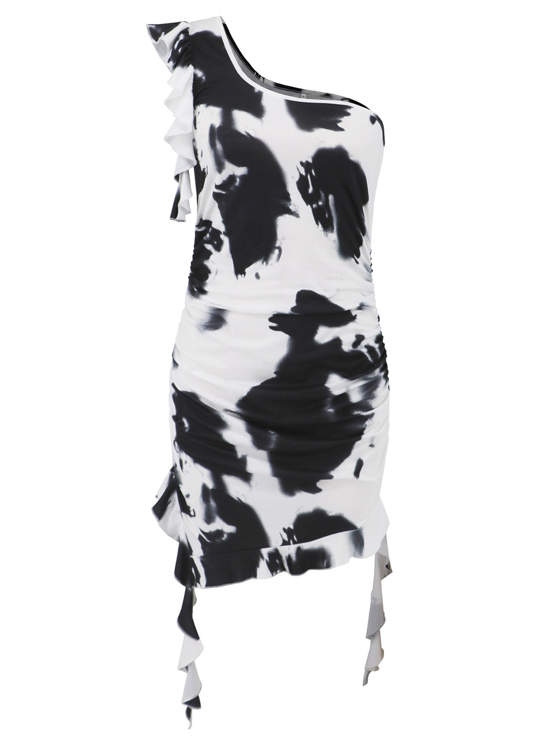 Mini-robe à volants et à épaule unique tie-dye