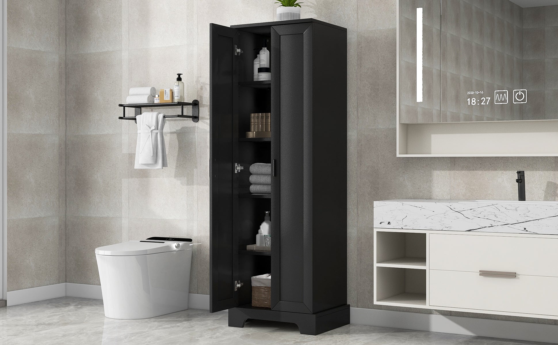 Meuble de rangement à deux portes pour salle de bain et bureau, étagère réglable, panneau MDF, noir
