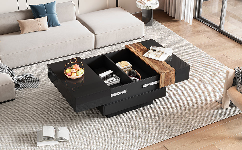 ON-TRANS 31,4 pouces x 31,4 pouces avec plateau coulissant, table centrale haute brillance, espace de rangement caché noir
