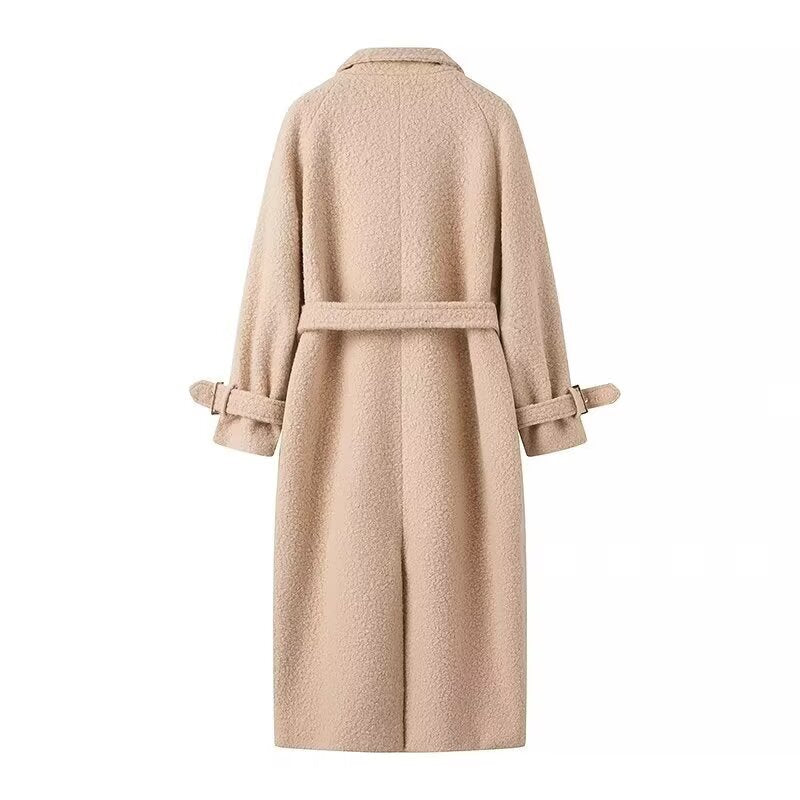 Belted Long Fleece Wool Coat for Women