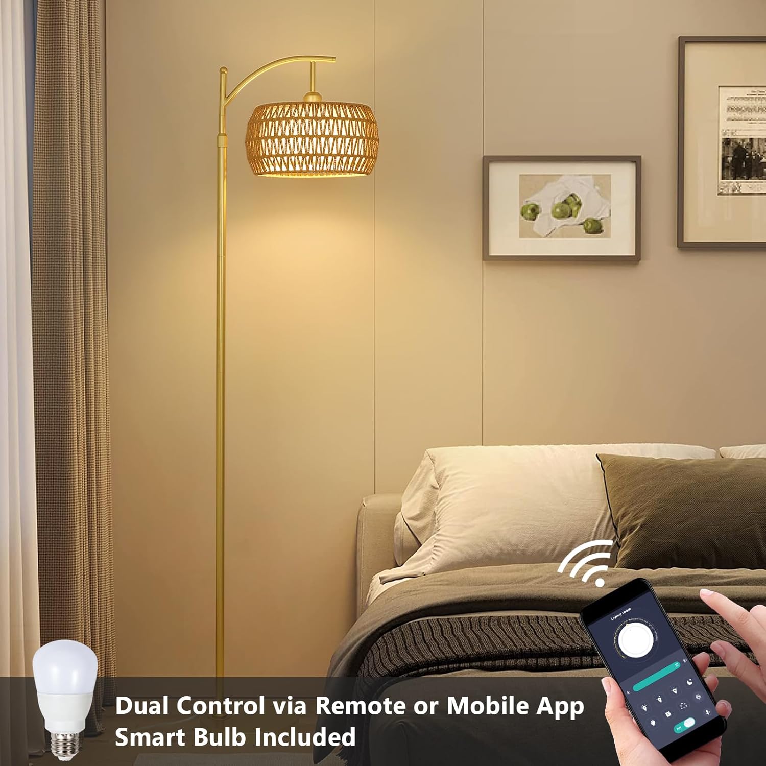 Lampadaire arqué à 3 températures de couleur, lampadaire LED doré avec télécommande et ampoule à intensité variable, lampe sur pied bohème