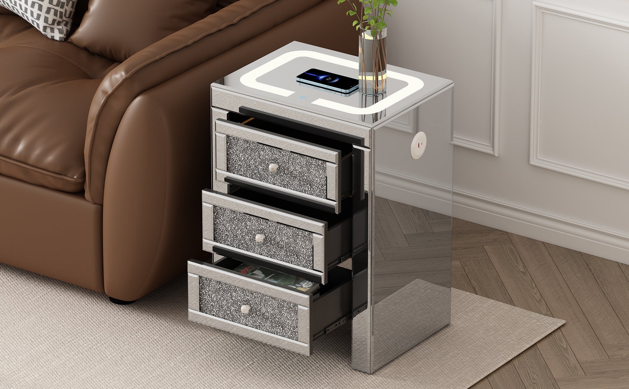 Table basse rectangulaire argentée miroir U-Can 15,7" W avec fonction de chargement sans fil et USB, lumières LED, poignée de style cristal