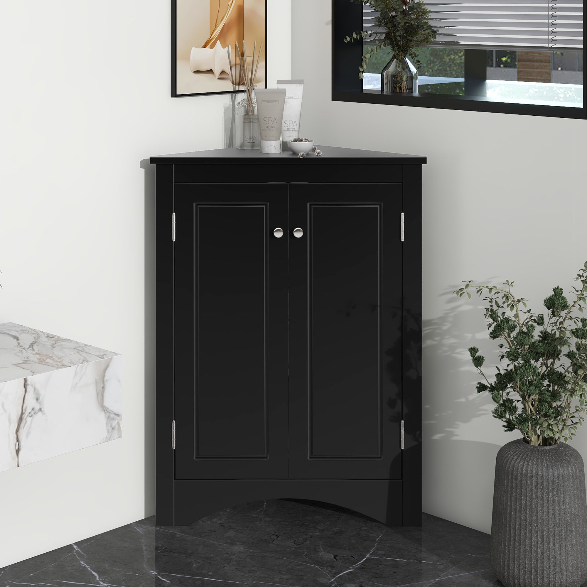 Meuble de rangement triangulaire noir pour salle de bain avec étagères réglables, meuble de sol autoportant pour cuisine