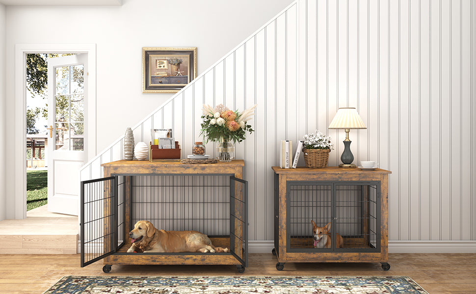 Cage pour chien avec portes doubles, brun rustique, 98 cm de largeur x 64 cm de profondeur x 69 cm de hauteur