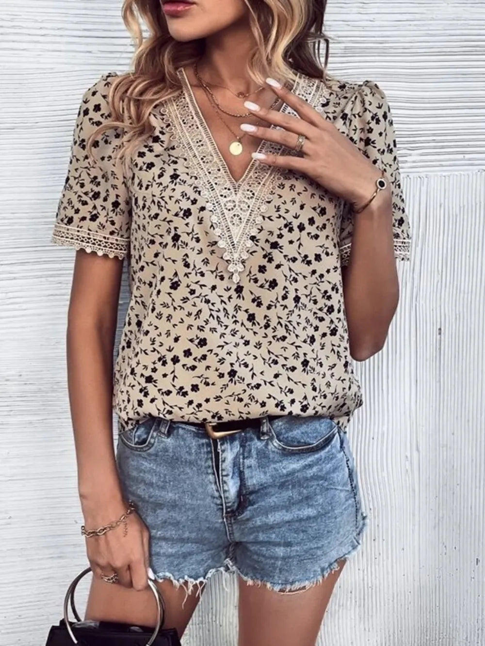 Women's V-neck lace casual solid color shirt