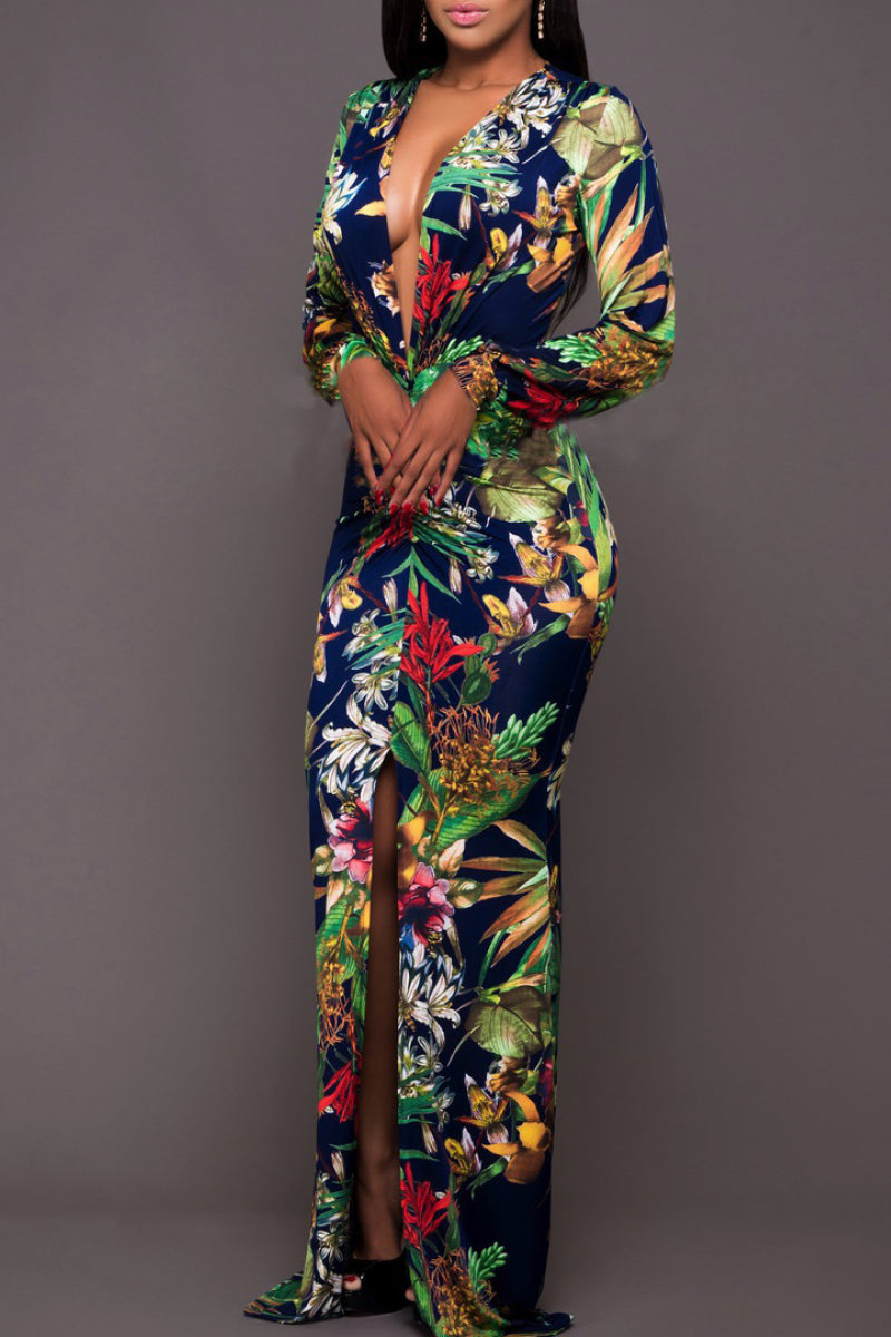 Robe longue imprimée à décolleté plongeant et jambes fendues