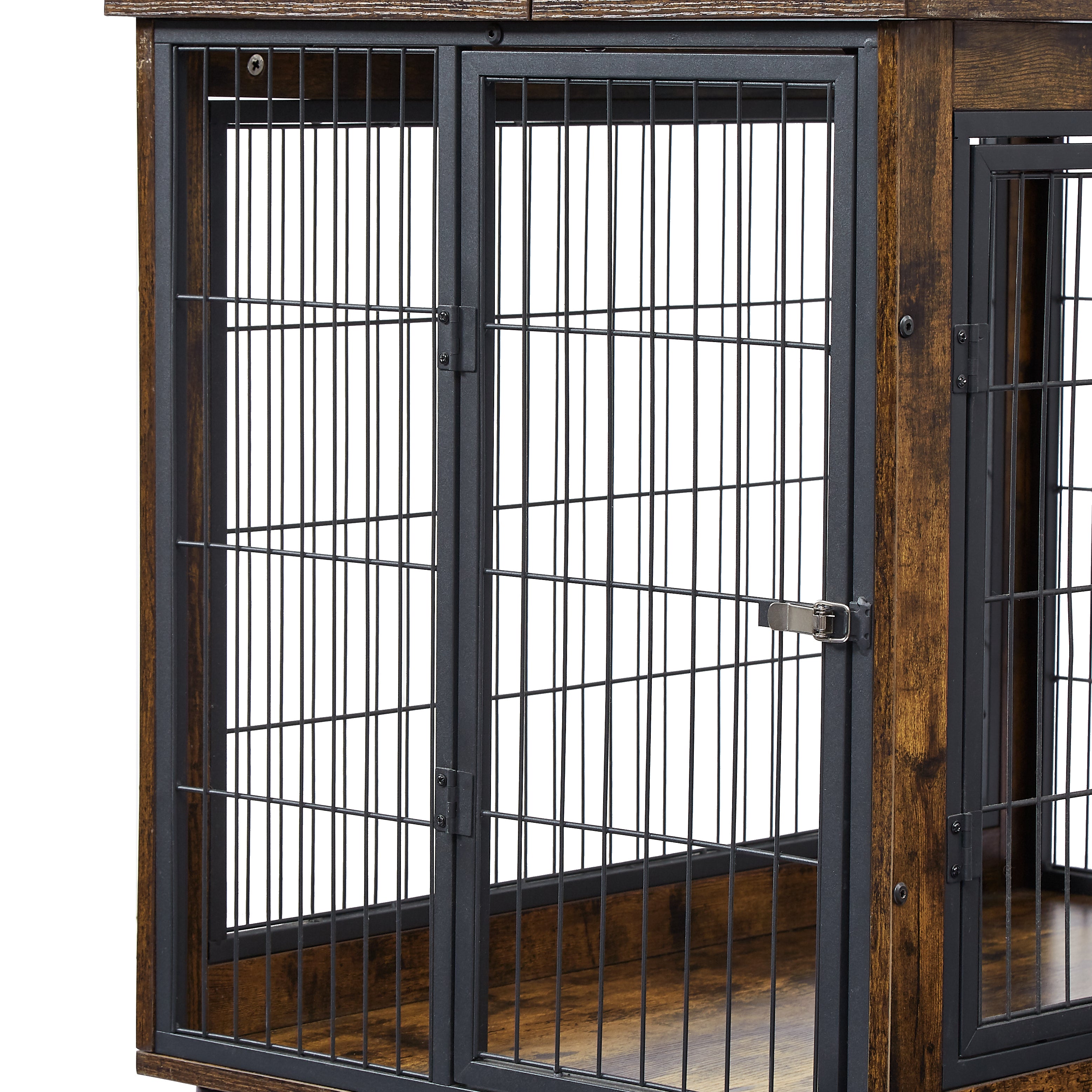 Cage pour chien avec portes doubles, brun rustique, 98 cm de largeur x 64 cm de profondeur x 69 cm de hauteur