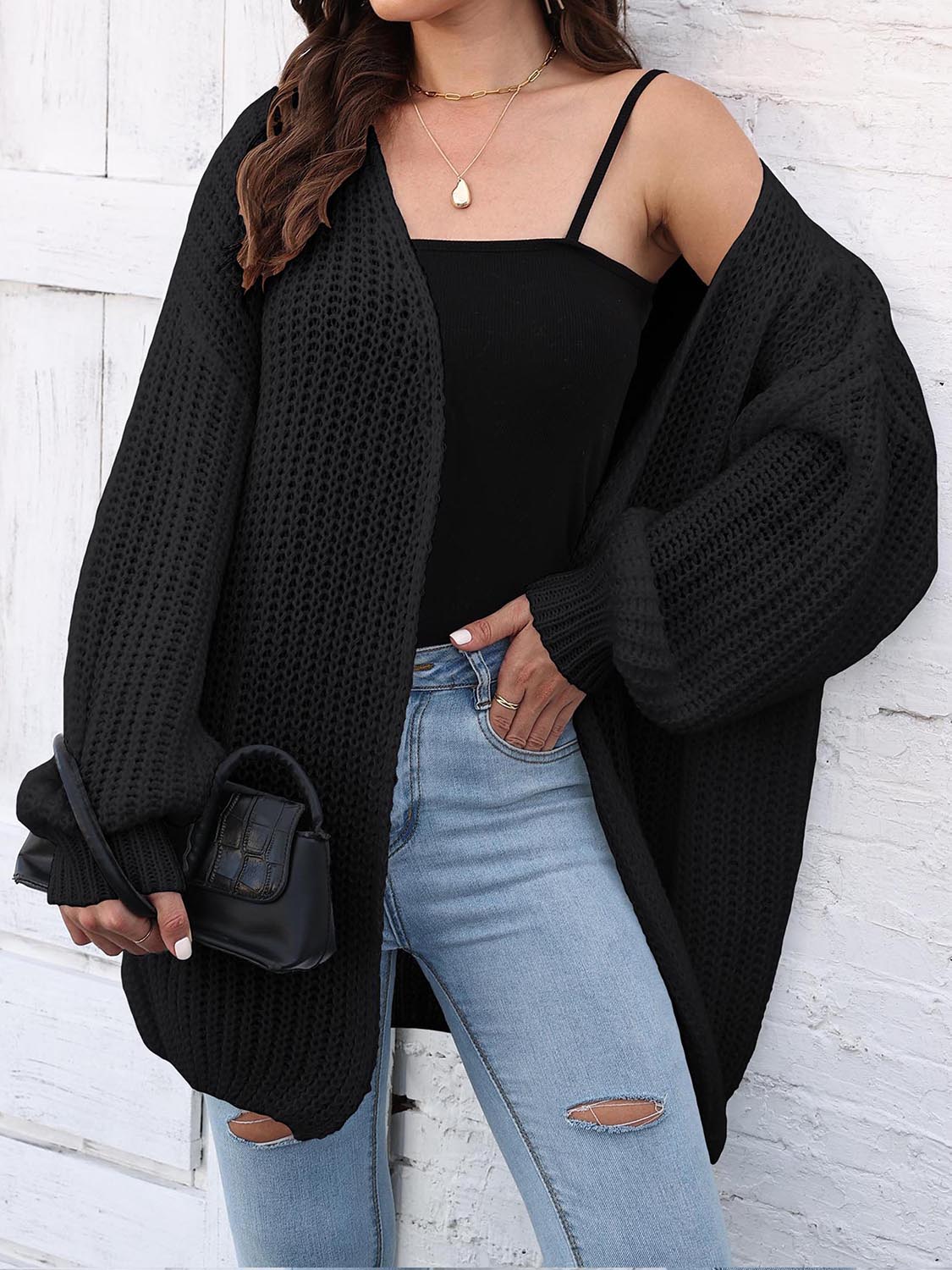 Cardigan long ouvert sur le devant à épaules tombantes