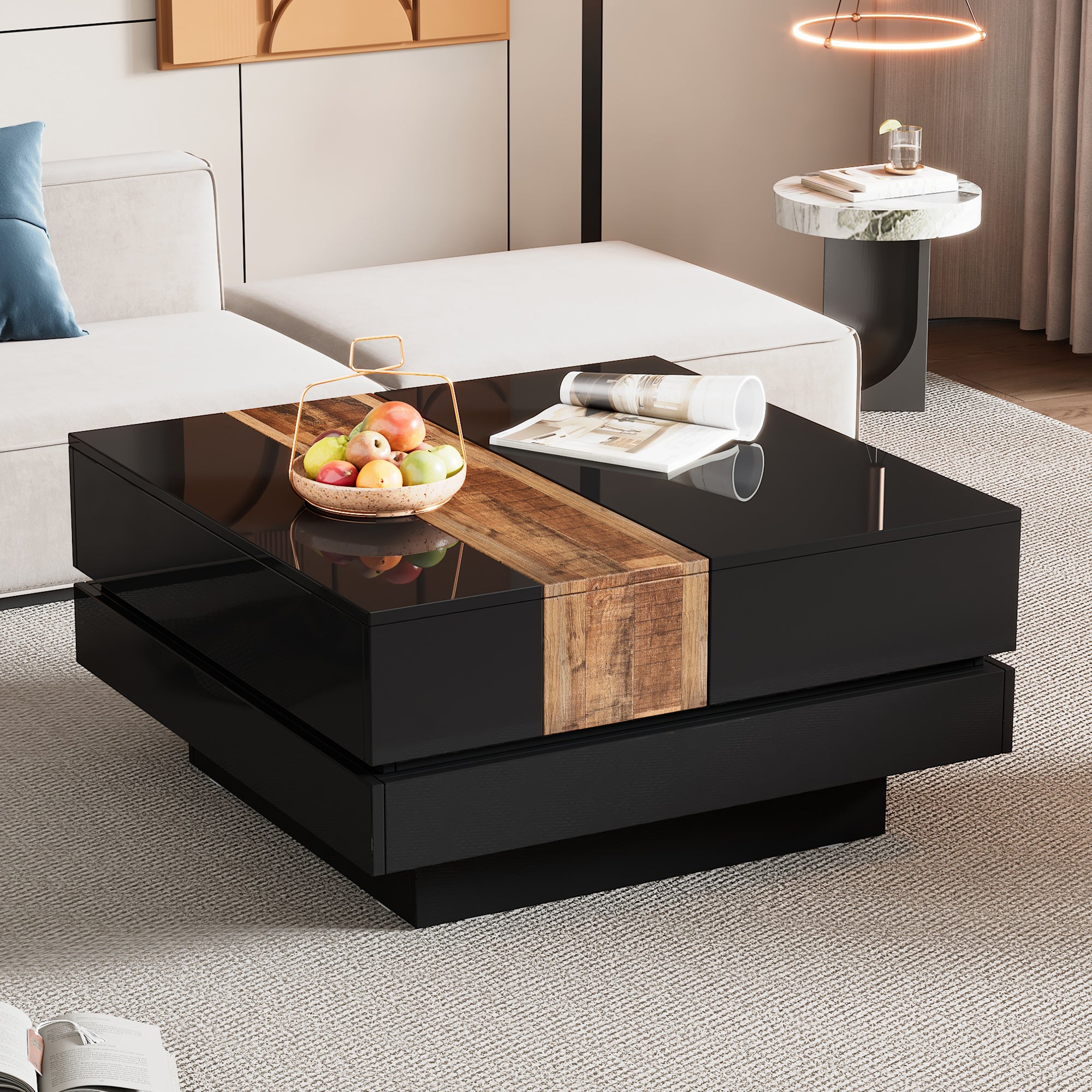 ON-TRANS 31,4 pouces x 31,4 pouces avec plateau coulissant, table centrale haute brillance, espace de rangement caché noir