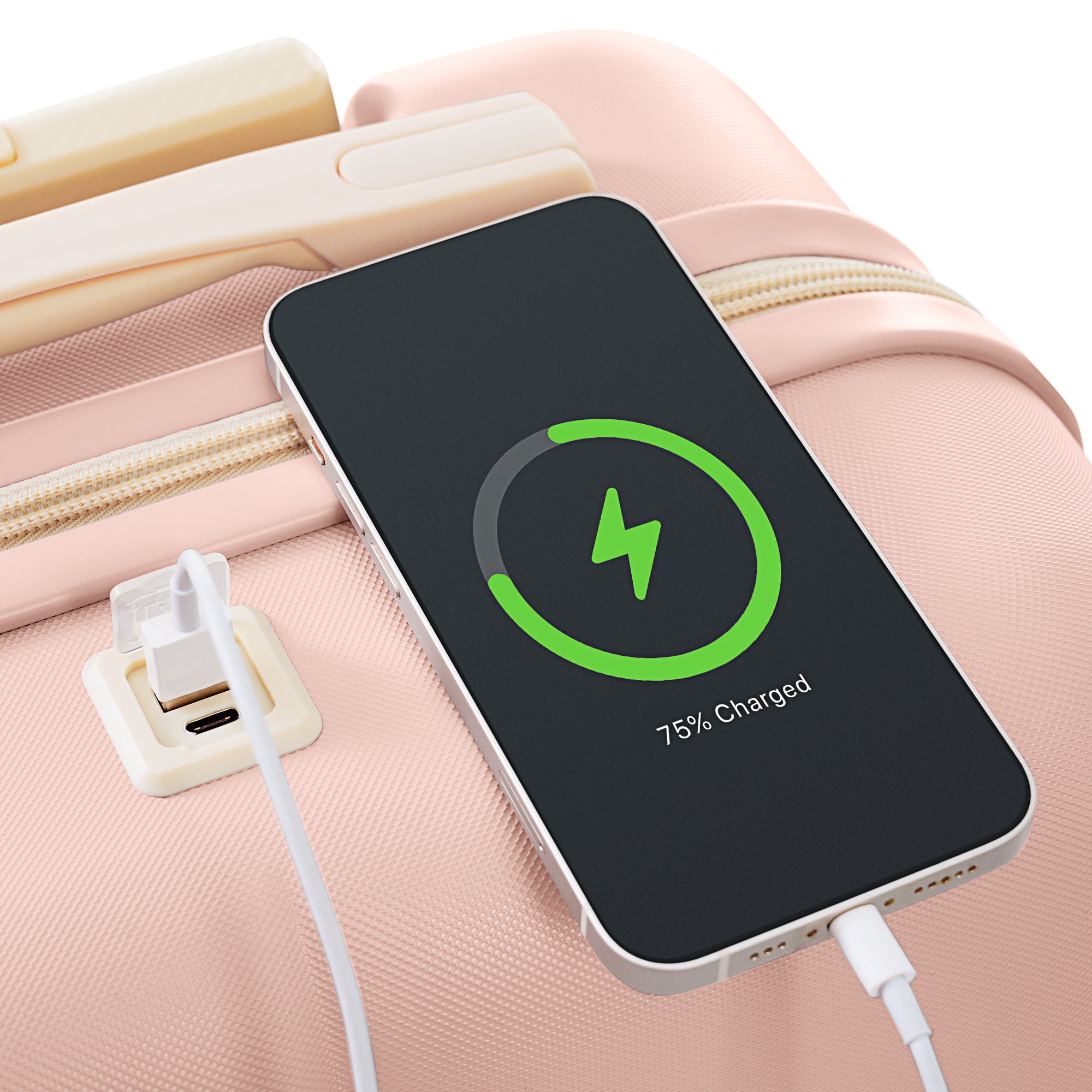 Ensemble de bagages 3 pièces, 20 pouces, valise rigide en ABS avec port USB et porte-gobelet, roue rotative, couleur rose