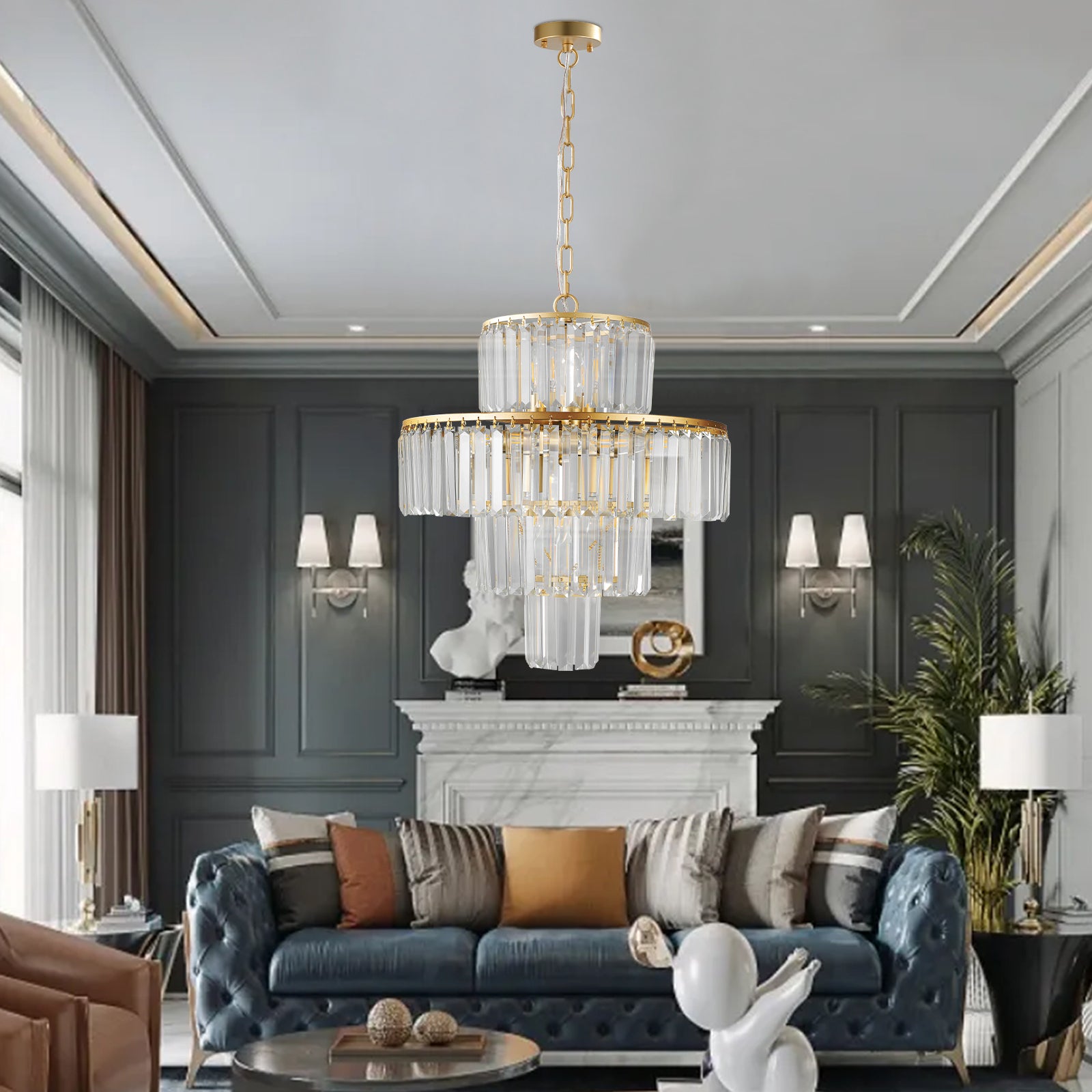 Lustre en cristal de luxe, lustre moderne, luminaire suspendu, diamètre 19,7 pouces