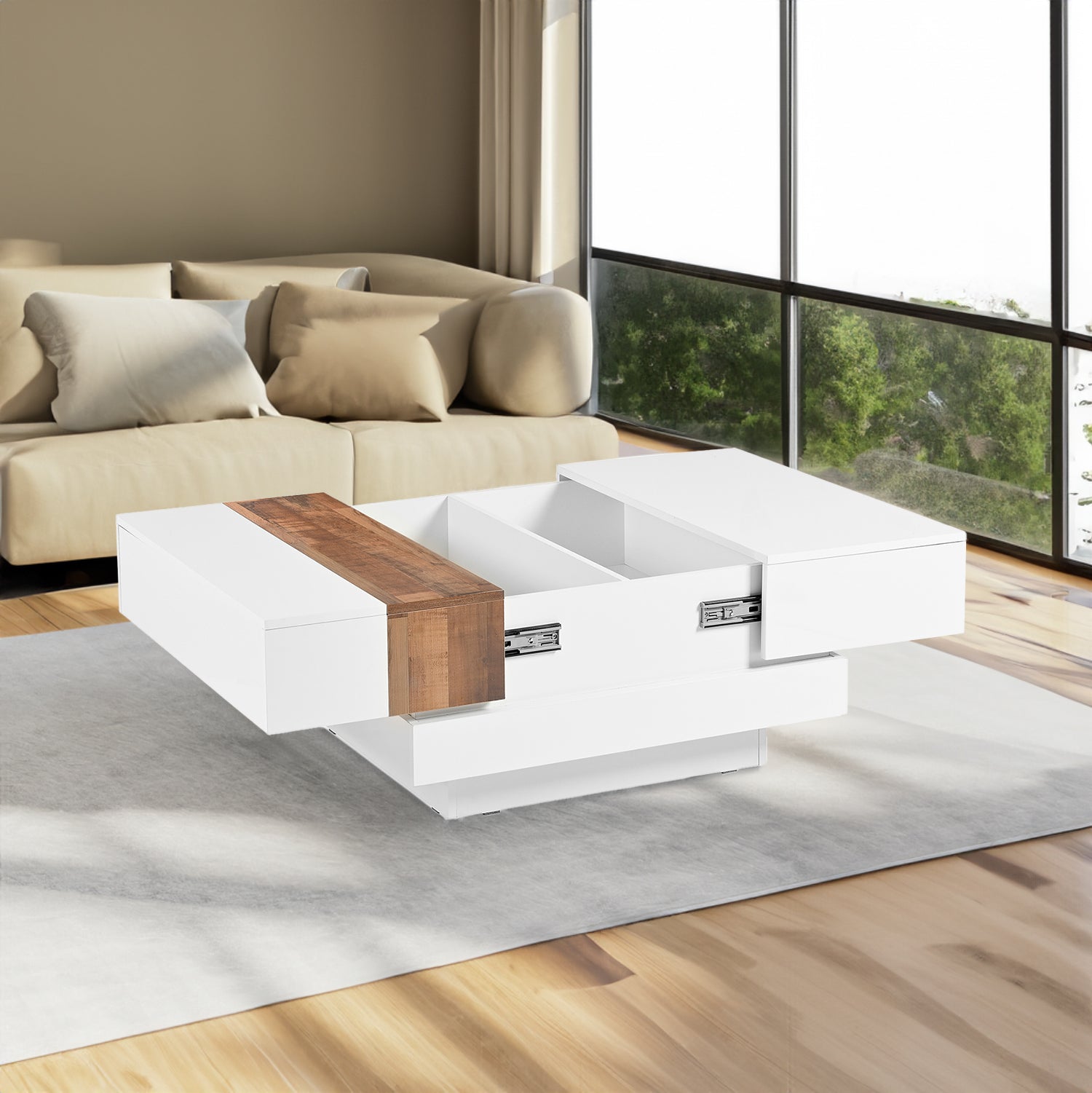 ON-TRANS 31,4 pouces x 31,4 pouces avec plateau coulissant, table centrale haute brillance, espace de rangement caché blanc