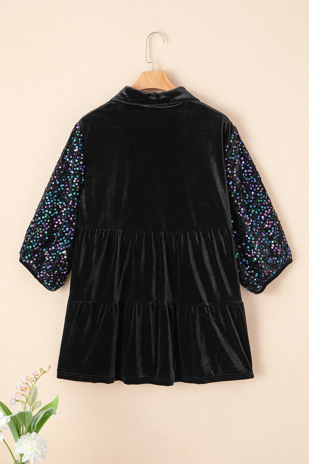 Chemise oversize à col à paillettes et manches trois-quarts