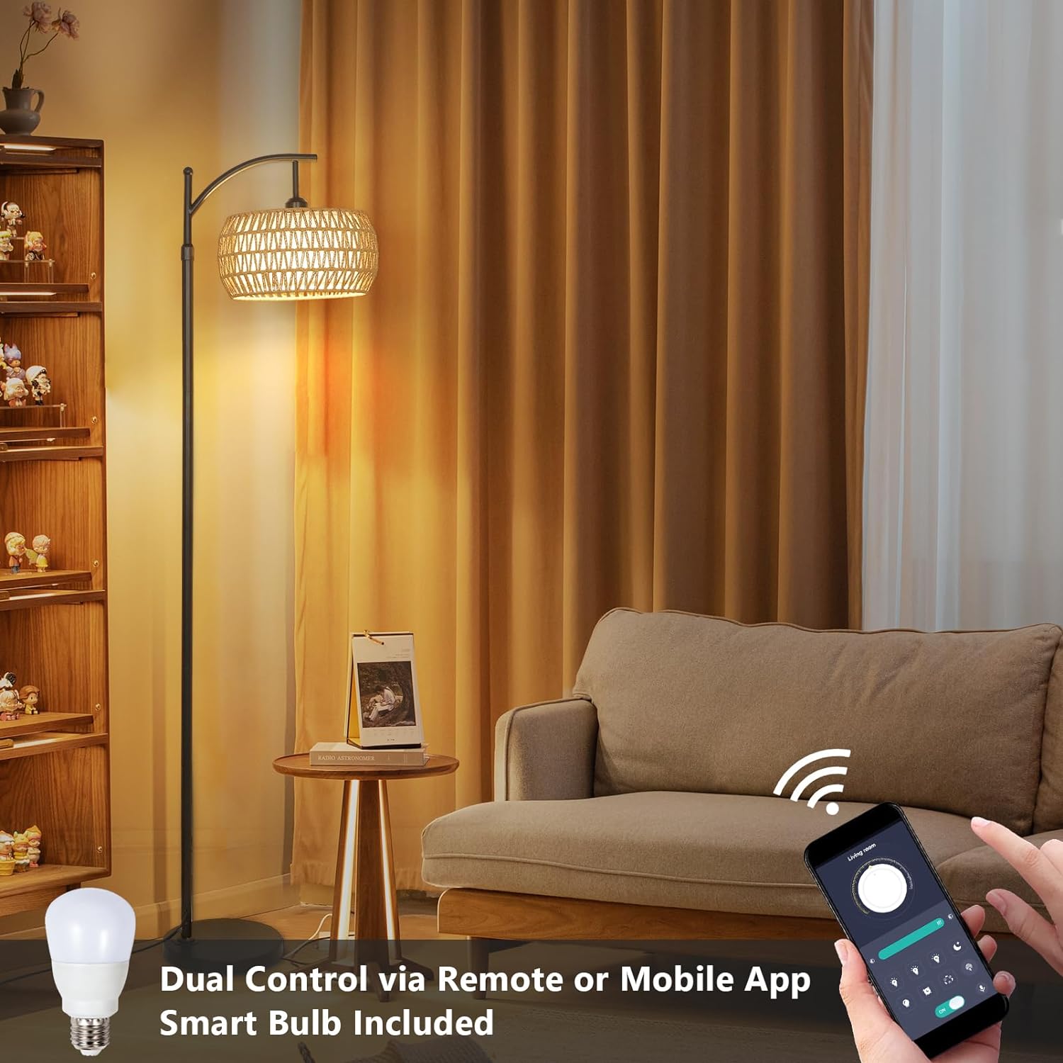 Lampadaire arc avec télécommande, lampadaire LED à intensité variable avec 3 températures de couleur, lampe à poteau haut style ferme bohème