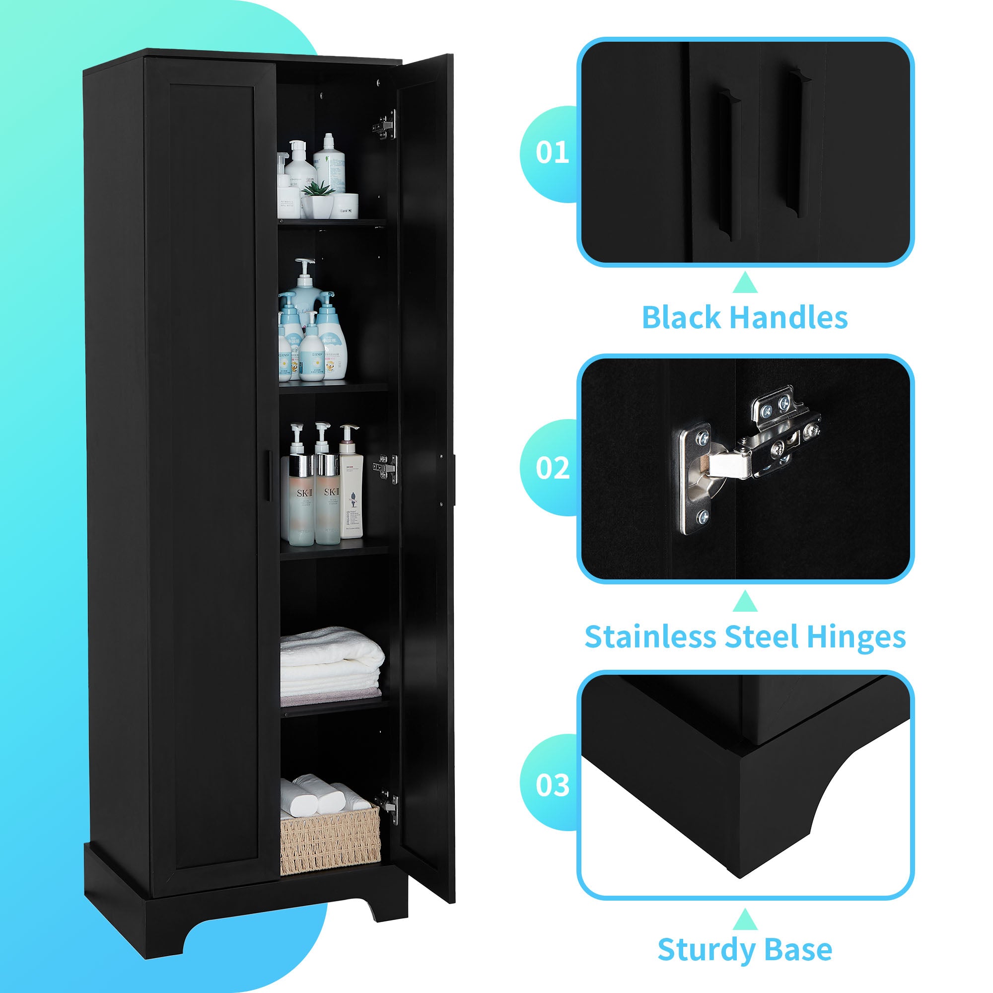 Meuble de rangement à deux portes pour salle de bain et bureau, étagère réglable, panneau MDF, noir