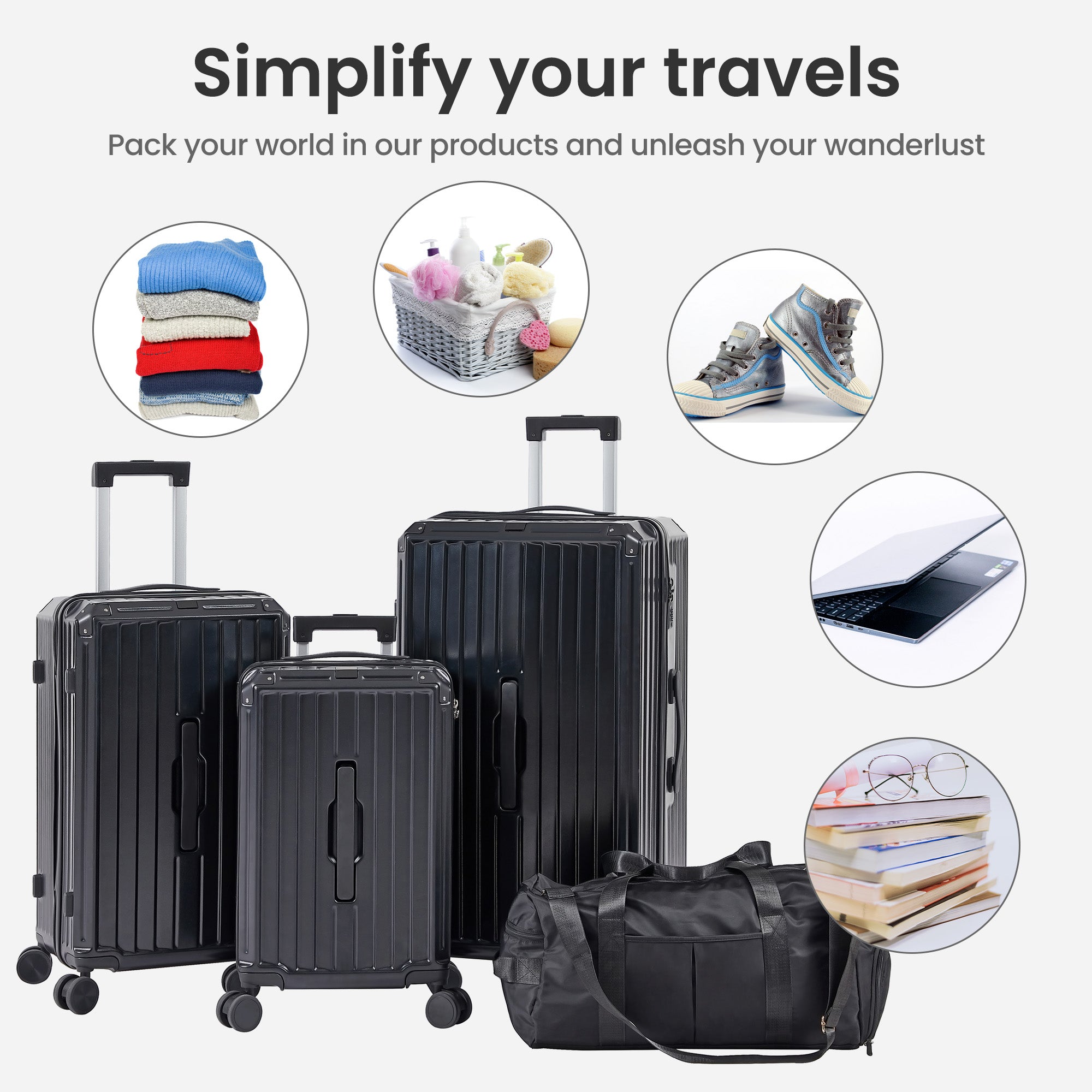 Ensemble de 4 valises (20"/24"/29"/sac de voyage), valises légères et résistantes en PC et ABS avec porte-gobelet pliable, serrure TSA, noir