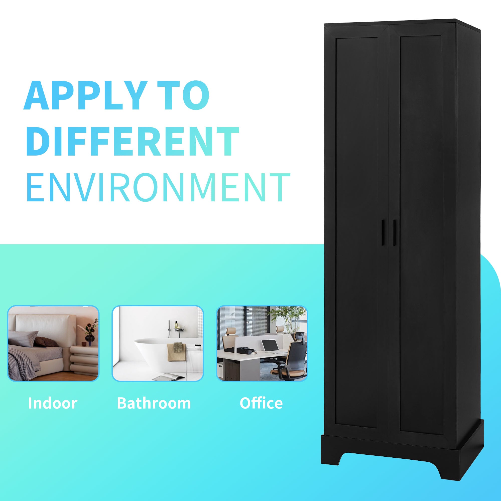 Meuble de rangement à deux portes pour salle de bain et bureau, étagère réglable, panneau MDF, noir