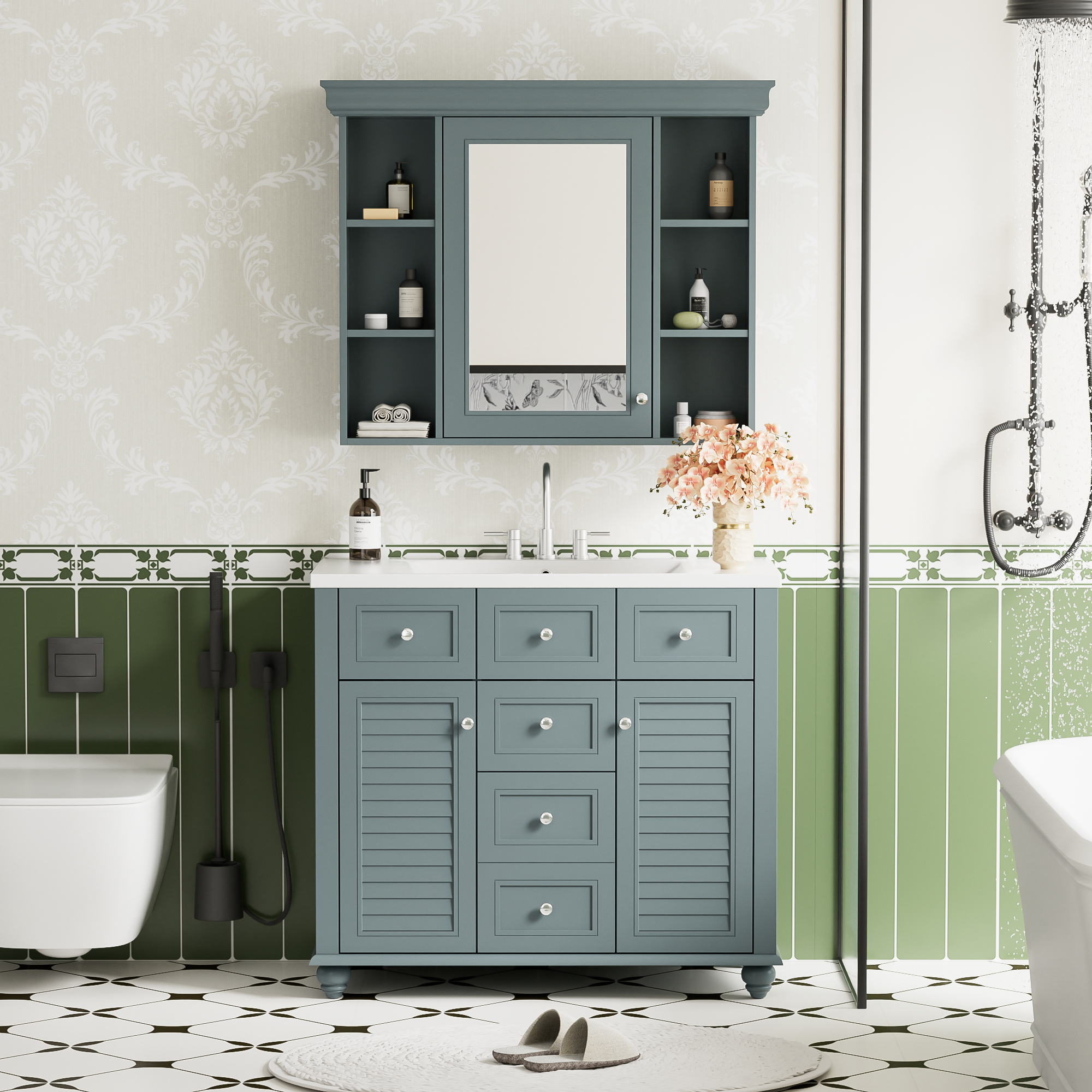 Armoire à miroir moderne de 36 pouces avec étagères réglables, 2 portes à fermeture douce et 6 organisateurs de portes d'armoire de rangement à tiroirs